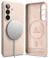 Galaxy S26 Case | Silicone Magnetic - Beige silicone phone case with magnetic charger and suede-lined interior.