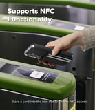 Galaxy S26 Plus Cover | Folio Stand Wallet Magnetic - Galaxy S26 Plus Cover - Hand holding a black wallet phone case over a transit gate reader to demonstrate NFC capability.