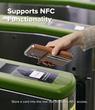 Galaxy S26 Plus Cover | Folio Stand Wallet Magnetic - Galaxy S26 Plus Cover - A hand holding a brown wallet phone case over a subway turnstile to demonstrate NFC functionality.
