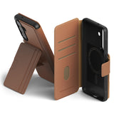 [Combo] Galaxy S26 Plus | Folio Stand Wallet Magnetic + Onyx Magnetic - Brown leather wallet case and black magnetic case.