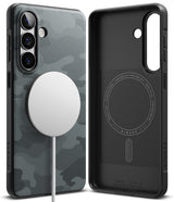 Galaxy S26 Plus Case | Onyx Magnetic - Black camo phone case with a magnetic charger attached and an interior view.