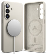 Galaxy S26 Plus Case | Silicone Magnetic - Beige silicone phone case with magnetic charger and suede-lined interior.