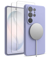 [Bundle] Galaxy S26 Ultra | Silicone Magnetic - Lavender silicone case with magnetic charger attached to phone.