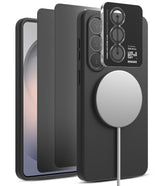 [Bundle] Galaxy S26 | Silicone Magnetic - Galaxy S26 | Silicone Magnetic - Black phone case with magnetic charger, camera lens protector, and screen film layers.