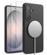 [Bundle] Galaxy S26 | Silicone Magnetic - Black phone case with magnetic charger attached and two screen protectors.
