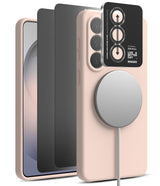 [Bundle] Galaxy S26 | Silicone Magnetic - Galaxy S26 | Silicone Magnetic - Pink magnetic phone case with camera lens protector and screen film layers.