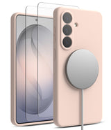 [Bundle] Galaxy S26 | Silicone Magnetic - Galaxy S26 | Silicone Magnetic - Pink phone case with magnetic charger and two screen protectors on a white background.