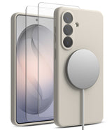 [Bundle] Galaxy S26 | Silicone Magnetic - Beige silicone case with magnetic charger and screen protector on a phone.