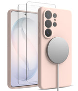 [Bundle] Galaxy S26 Ultra | Silicone Magnetic - Pink silicone case with magnetic charger and screen protector.