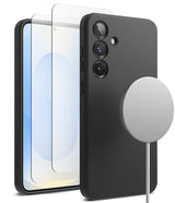[Bundle] Galaxy S25 | Silicone Magnetic - Black silicone case, screen protector, and magnetic charger for Galaxy S25.