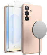 [Bundle] Galaxy S25 | Silicone Magnetic - Pink silicone phone case, screen protector, and magnetic charger for Galaxy S25.