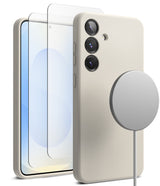 [Bundle] Galaxy S25 | Silicone Magnetic - Galaxy S25 | Silicone Magnetic - Sand-colored phone case, screen protector, and magnetic charger on a Galaxy S25.