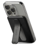 Card Holder | Slide Grip Wallet Magnetic - Black magnetic card holder with a built-in kickstand attached to a phone.