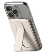 Card Holder | Slide Grip Wallet Magnetic - Beige magnetic phone wallet with a built-in slide grip stand attached to a phone.