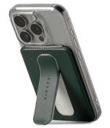 Card Holder | Slide Grip Wallet Magnetic - Dark green magnetic phone wallet with a built-in kickstand attached to a phone.