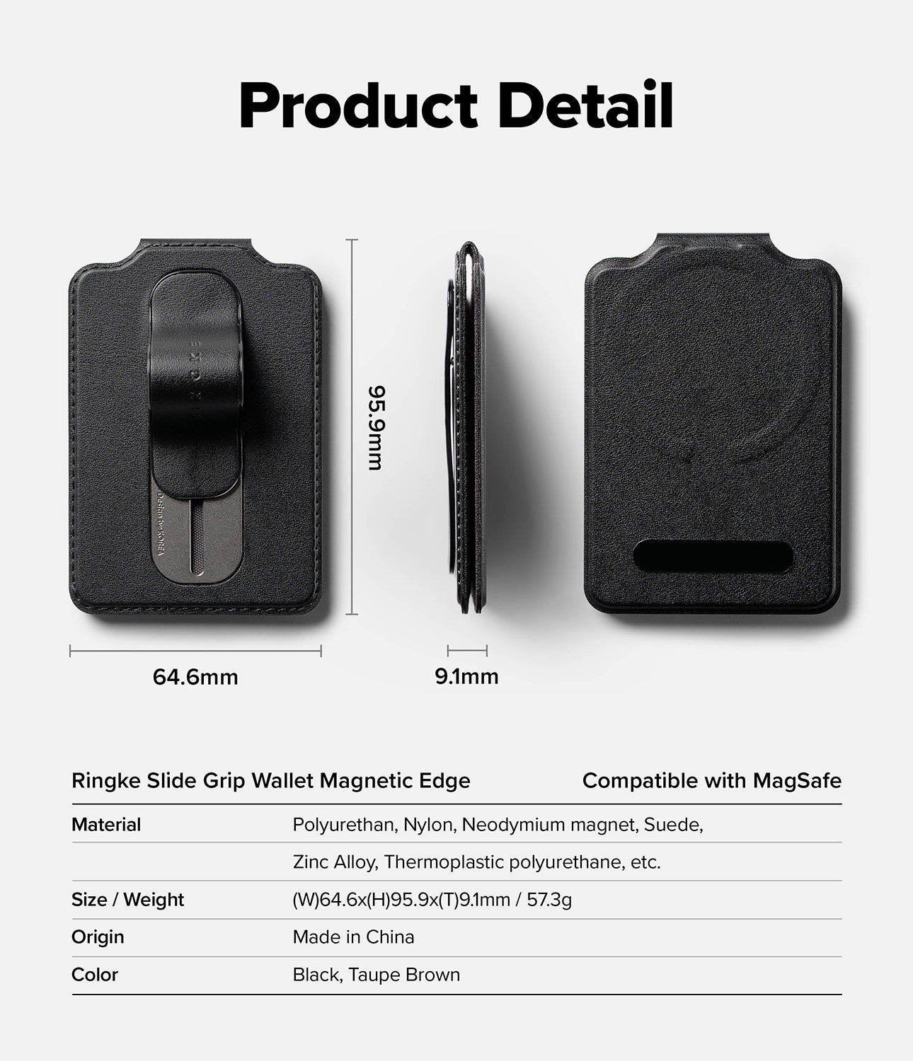 Card Holder | Slide Grip Wallet Magnetic Edge - Dimensions and specifications for a black magnetic card holder