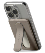 Card Holder | Slide Grip Wallet Magnetic - Taupe magnetic wallet attached to a phone with an integrated kickstand.