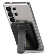 Card Holder | Slide Grip Wallet Magnetic Edge - Black magnetic card holder with a slide-out grip stand on a phone.