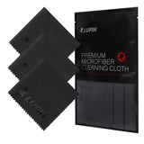 Microfiber Cleaning Cloth [Small] - Three black microfiber cloths with Lupin branding next to a matching black retail package.