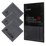 Microfiber Cleaning Cloth [Small] - Three gray microfiber cloths with pinked edges and Lupin branding next to a black retail pouch.