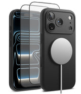 [Bundle] iPhone 17 Pro | Silicone Magnetic - iPhone 17 Pro | Silicone Magnetic - Black silicone case with MagSafe charger and two glass screen protectors.