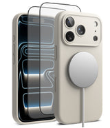 [Bundle] iPhone 17 Pro | Silicone Magnetic - iPhone 17 Pro | Silicone Magnetic - Beige silicone case on iPhone 17 Pro with magnetic charger and screen protector.