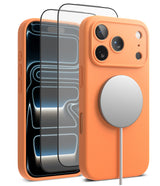 [Bundle] iPhone 17 Pro | Silicone Magnetic - Orange silicone case with MagSafe charger and screen protector on iPhone 17 Pro.