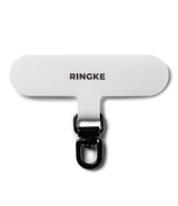 Holder Link Spin - White fabric phone tether tab with a black metal swivel clasp and Ringke logo on a white background.