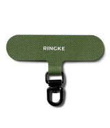 Holder Link Spin - Olive green fabric phone tether tab with a black metal swivel clip and white Ringke logo.