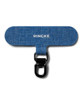 Holder Link Spin - Blue fabric phone tether tab with a black swivel metal ring attachment.