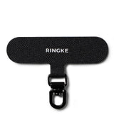 Holder Link Spin - Black fabric phone strap anchor with a white Ringke logo and a rotating metal swivel clip.