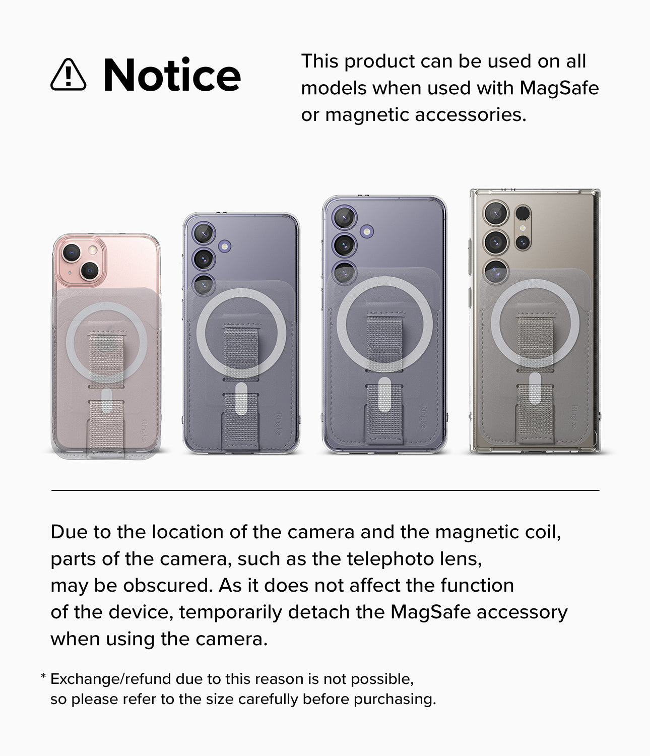 Ringke Stand Grip Magnetic Card Holder Wallet - Notice. This product can be used on all models when used with MagSafe or magnetic accessories. Due to the location of the camera and the magnetic coil, parts of the camera, such as the telephoto lens, may be obscured. As it does not affect the function of the device, temporarily detach the MagSafe accessory when using the camera.