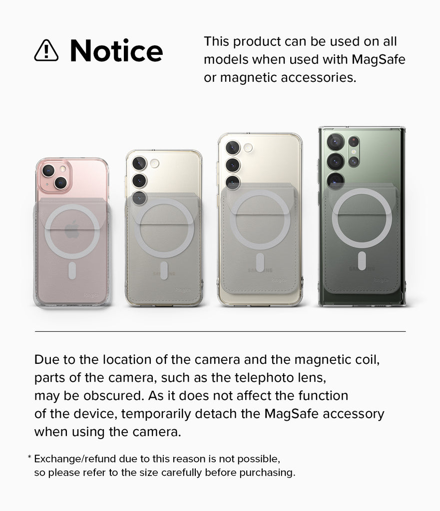 Ringke Stand Wallet Magnetic - Notice. This product can be used on all models when used with MagSafe or magnetic accessories.