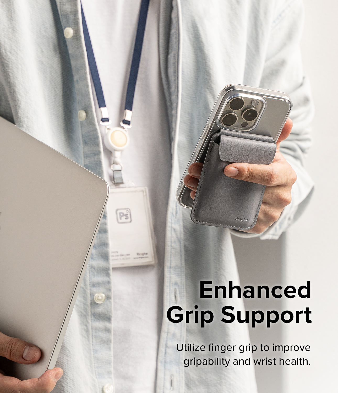 Ringke Stand Wallet Magnetic - Enhanced Grip Support. Utilize finger grip to improve gripability and wrist health.