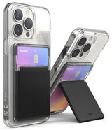 Card Holder | Stand Slot - Two clear phone cases with black card holders attached, one folded flat and one acting as a kickstand.