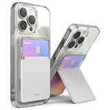 Card Holder | Stand Slot - Two clear phone cases with white card holders, one closed and one propped open as a kickstand.