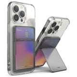 Card Holder | Stand Slot - Two clear phone cases with attached card holders, one closed and one propped open as a kickstand.