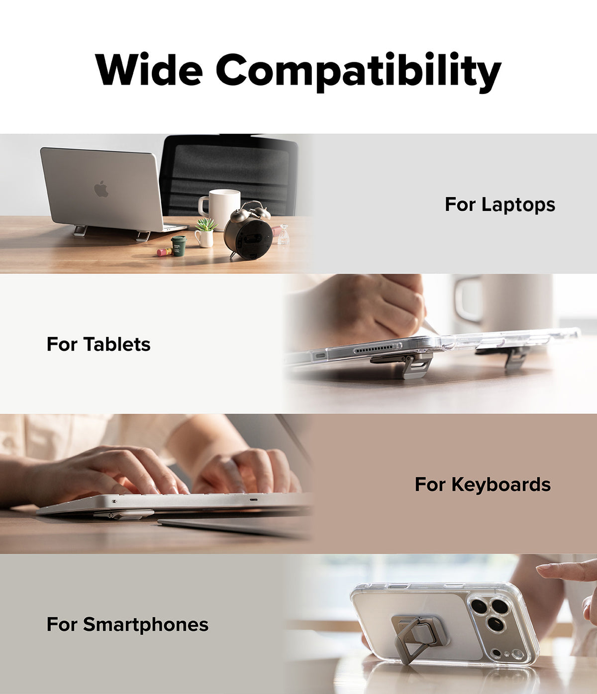 Step-Fit Mini Stand - A promotional graphic with the heading 'Wide Compatibility' showing the product used with different devices. The accessory is displayed under four panels labeled 'For Laptops,' 'For Tablets,' 'For Keyboards,' and 'For Smartphones,' each with a lifestyle photo of a laptop, tablet, keyboard, or phone on a desk.