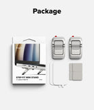 Step-Fit Mini Stand - Product package and included accessories for a Step-Fit Mini Stand, shown on a light gray background with the heading 'Package'. The set includes retail packaging, two silver metal stand components with small red tabs, two white screen protectors, and two gray adhesive pads.