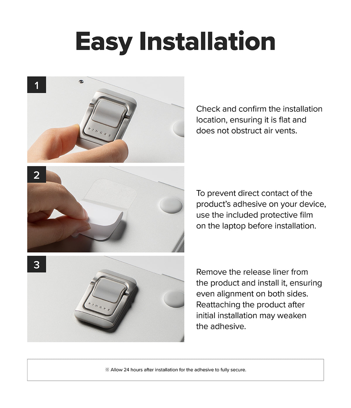 Step-Fit Mini Stand - Instruction graphic titled 'Easy Installation' showing three numbered steps with small photos of a hand applying a silver adhesive pad to a white laptop. Text explains how to check, peel off a protective film, and install the adhesive.