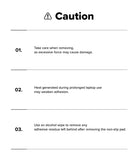 Step-Fit Mini Stand - A white instruction sheet with a black caution header and three numbered removal steps, including a warning icon and text about handling adhesive residue and heat generation.