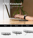 Step-Fit Mini Stand - A 3-tier laptop kickstand shown in use on a desk with a hand resting on a silver laptop, plus three labeled tiers below showing different stand angles. Text at the top reads '3-Tier Kickstand' with descriptive copy.