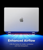 Step-Fit Mini Stand - A silver Apple laptop shown closed on a transparent stand against a black background, with blue airflow graphics and the text 'Enhanced Airflow' and 'Lifts the laptop for better ventilation and heat dissipation.'.