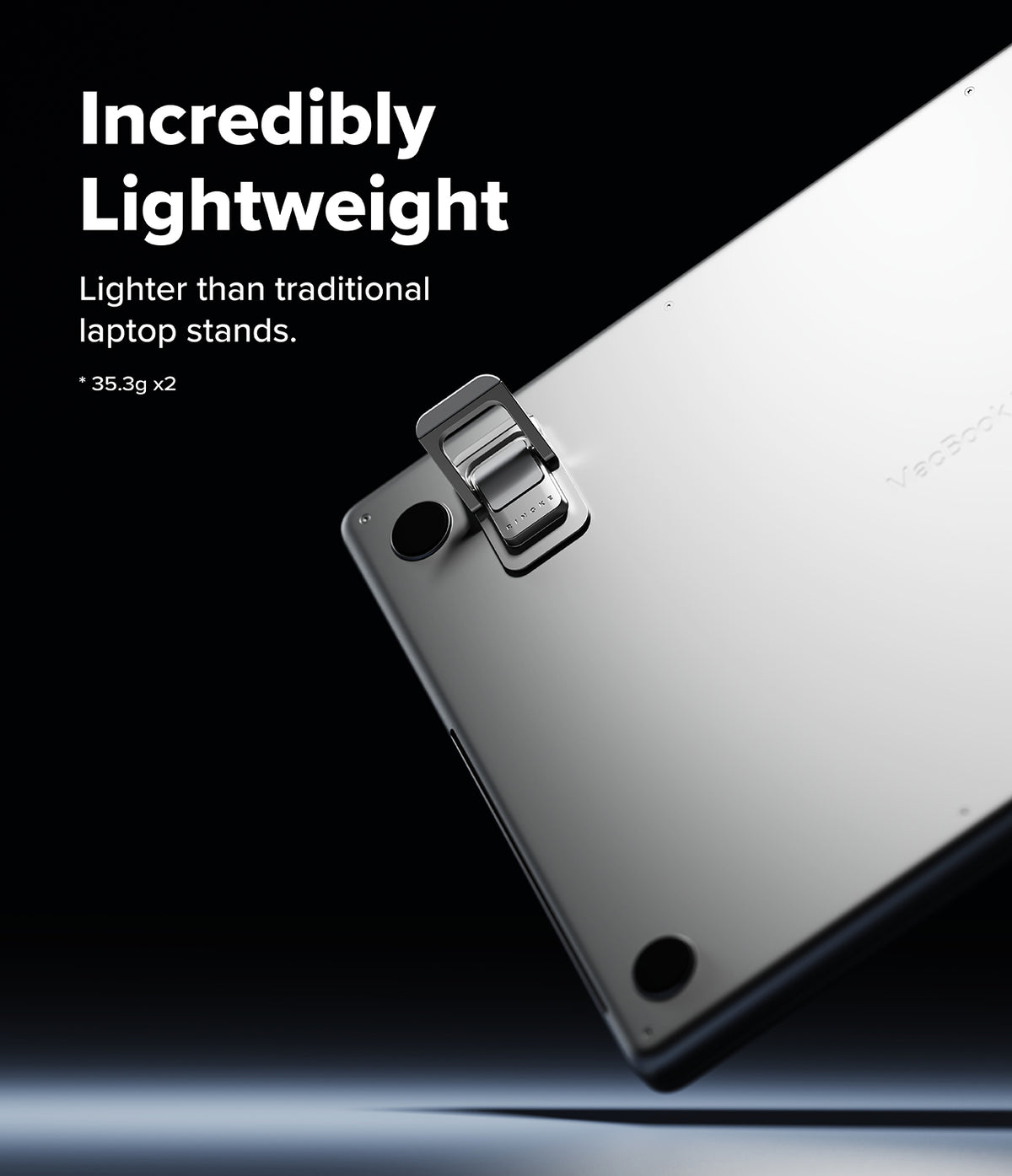 Step-Fit Mini Stand - A sleek silver laptop stand with a metal hinge clasp, shown at an angle on a dark background with promotional text reading 'Incredibly Lightweight' and 'Lighter than traditional laptop stands.'.