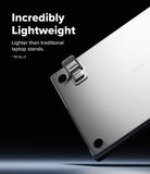 Step-Fit Mini Stand - A sleek silver laptop stand with a metal hinge clasp, shown at an angle on a dark background with promotional text reading 'Incredibly Lightweight' and 'Lighter than traditional laptop stands.'.