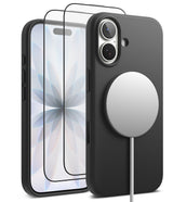 [Bundle] iPhone 17 | Silicone Magnetic - Black silicone case with magnetic charger and two screen protectors.