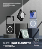 Galaxy Z Flip 7 FE Case | Slim Hinge Magnetic - Three magnetic phone cases displayed on geometric blocks with a charger.