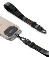 Holder Link Tactical Webbing Hand Strap - Camouflage webbing strap with black metal carabiner attached to a phone case.