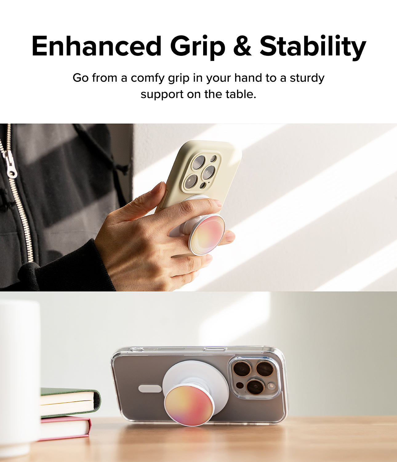 Ringke Glossy Tok Magnetic - Enhanced Grip and Stability. Go from a comfy grip in your hand to a sturdy support on the table.