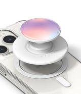 Ringke Glossy Tok Magnetic - A white magnetic phone grip with a glossy, iridescent gradient top attached to a clear phone case.